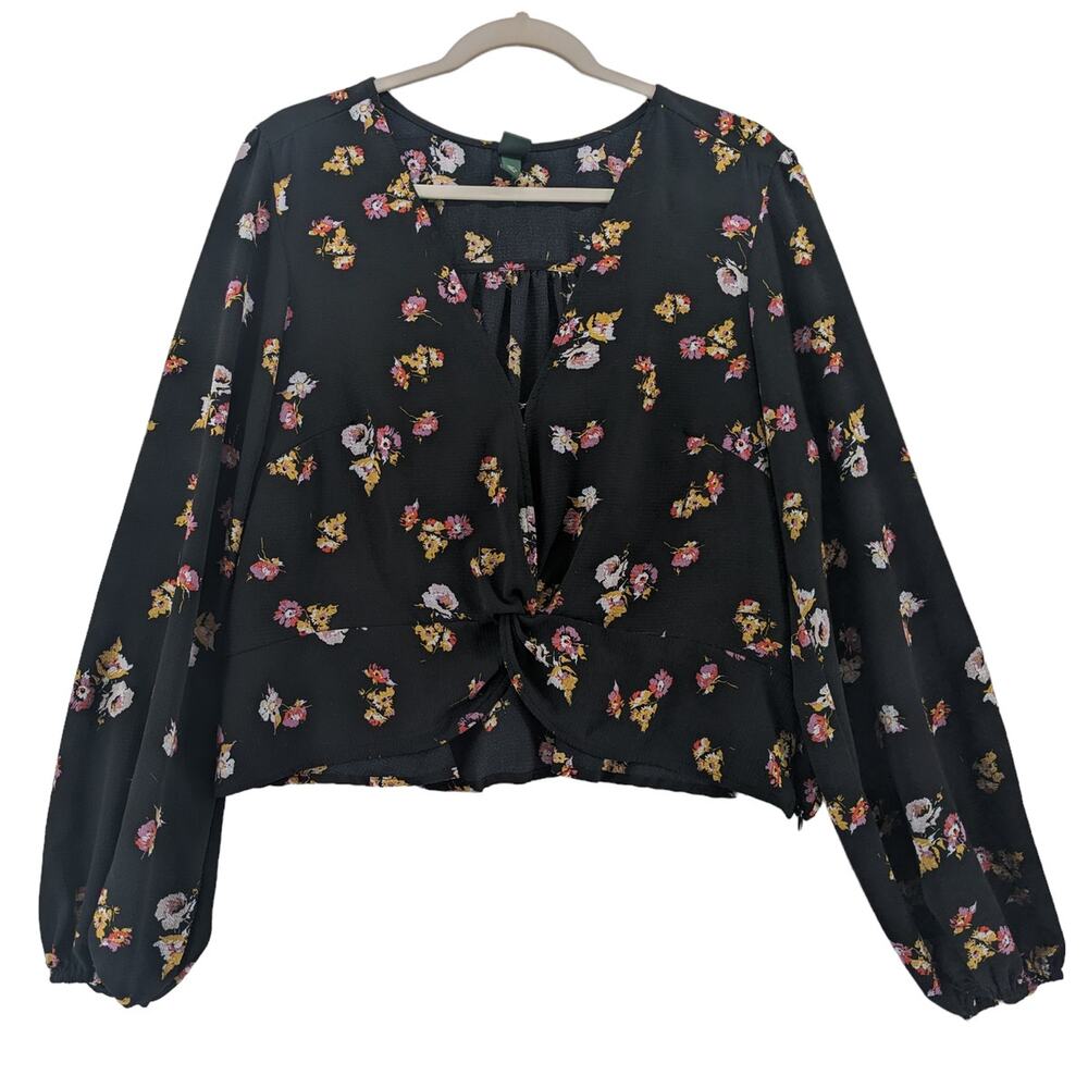Wild Fable Cropped Blouse XXL Black Floral Side Zip‎ Knot Front Bohemian Flower